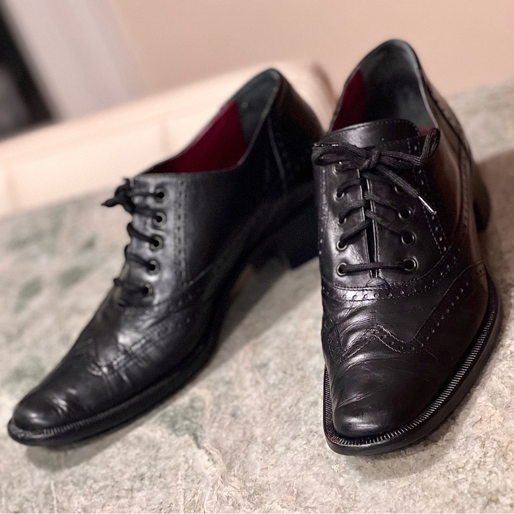 Arnold Churgin Black Leather w/ Red Interior Oxfords Long Rounded Toe Size 38